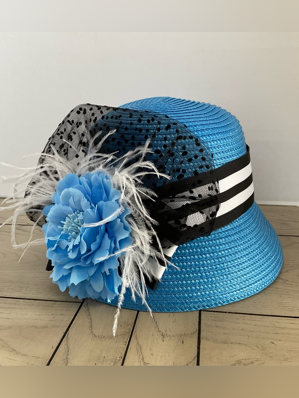 August Hats Blue Straw Cloche Hat w/ Flower~Black Netting & Striped Band